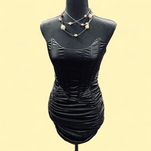 Black Satin Ruched Dress Small